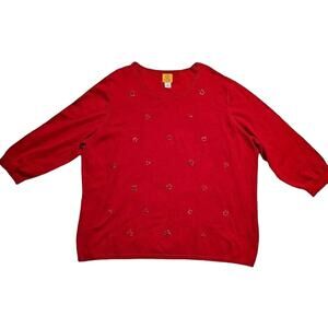 Ruby Rd Sweater Womens Sz 3X Red Sequined 3/4 Sleeve Knit Colorful